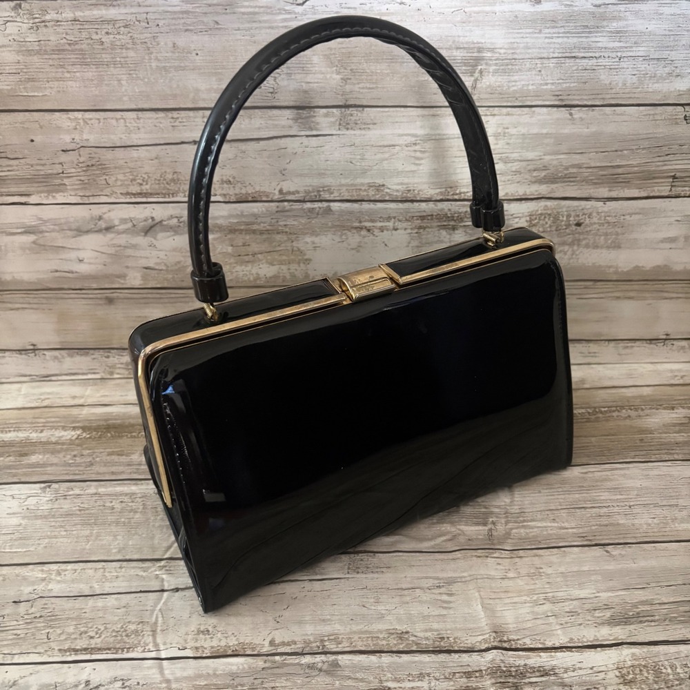 VTG 60s Top Handle Purse Bag Glossy Black Vinyl Framed Kelly Style Retro Classy